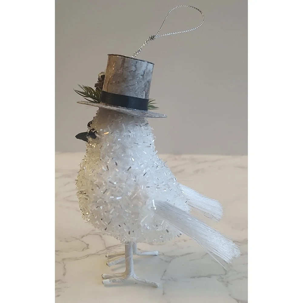 Bird Christmas Ornament Dapper Gentleman Top Hat Pinecone Sparkly White B10